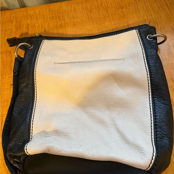 The Sak Laurel Crossbody Bag in a black, tan, and cream color-block design. - Picture 2 of 4